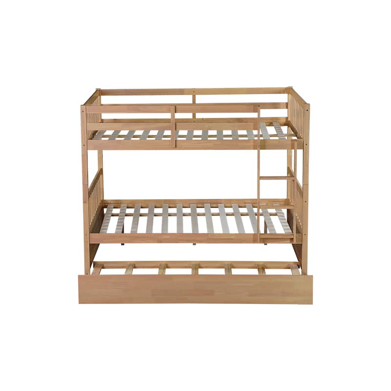 Full Over Full Bunk Bed Wood Bunk Bed with Trundle, Ladder and Guardrails,Convertible to 2 Bed for Teens, Adults