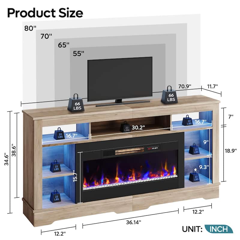 Bestier Fireplace 70" TV Stand With 36" Fireplace, LED Media Console With Storage