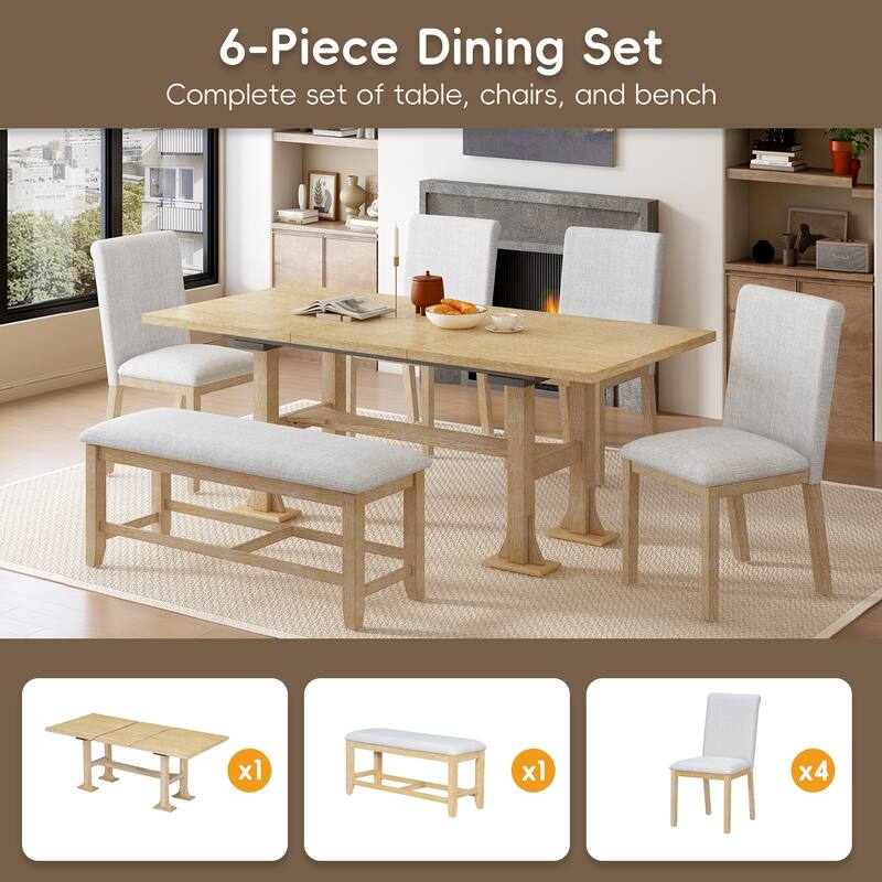 6-Piece Extendable Dining Table Set, Farmhouse Kitchen Table Set with Removable Leaf and Upholstered Dining Chair and Bench