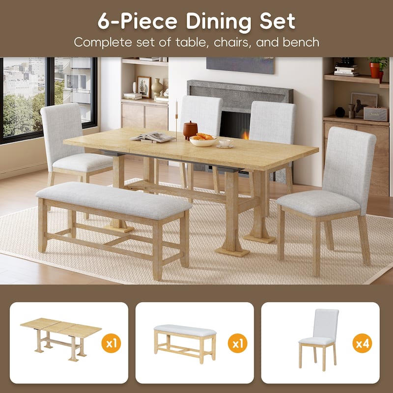 Trestle Kitchen Table Set for 6, Simple Upholstered Dining Chair and Bench Set for Dining Room, Extendable Dining Table