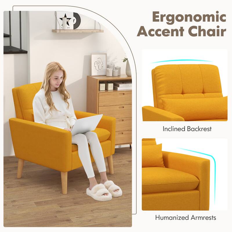 Gymax Mid-century Modern Accent Chair Linen Fabric Reading Armchair w/