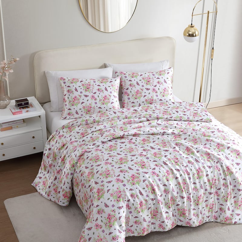 Betsey Johnson Queen Bee Floral Bouquet Reversible Pink Duvet Cover Set