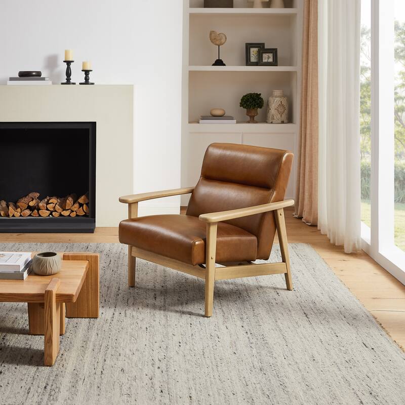 Modern Genuine Leather Accent Armchair with Natural Solid Wood Frame