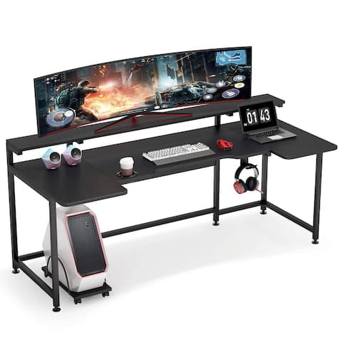 74.8 Inches Gaming Desk with Monitor Stand Shelf, Black Computer Desk with Hutch