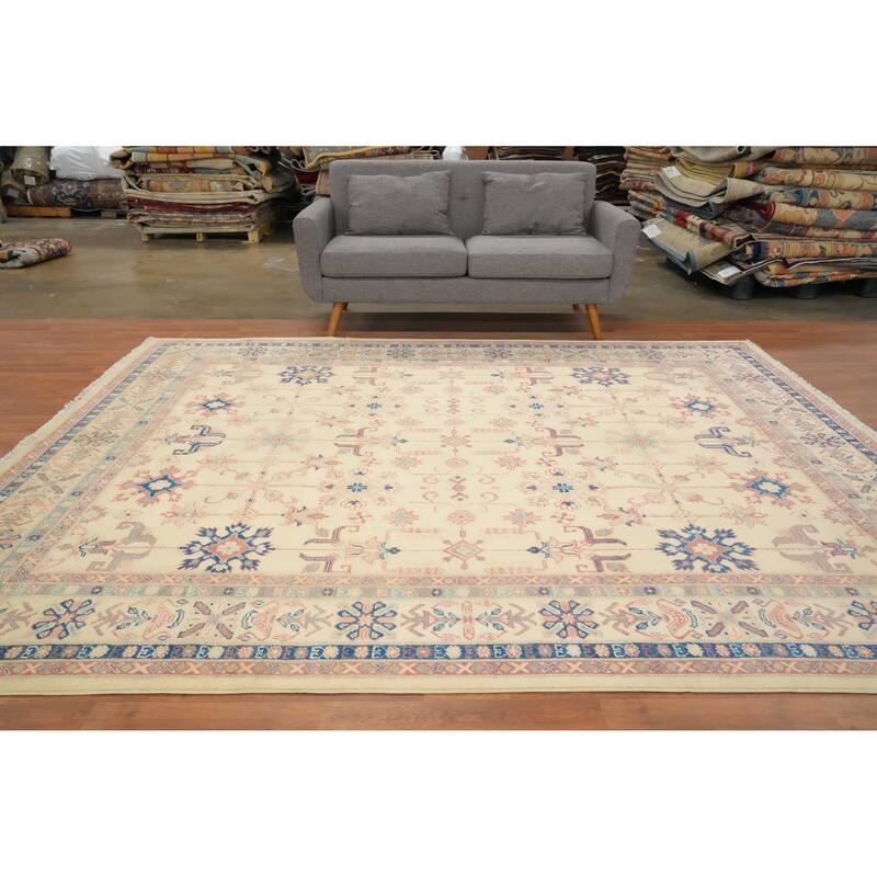 Hand Knotted Oriental 100% Wool Carpet Traditional Geometric Beige & Ivories Kazak Area Rug - 9' 11'' X 8' 2''