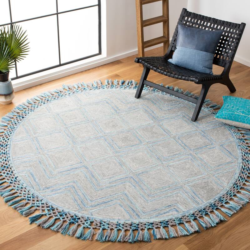SAFAVIEH Handmade Sahara Kyleigh Moroccan Silk Rug - 6' Round - Grey/Aqua