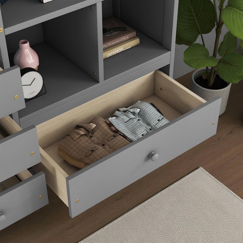 Full Size Loft Bed with Desk, Drawers and Shelves, Solid Pine Wood Frame with Built-in Ladder and Guardrails