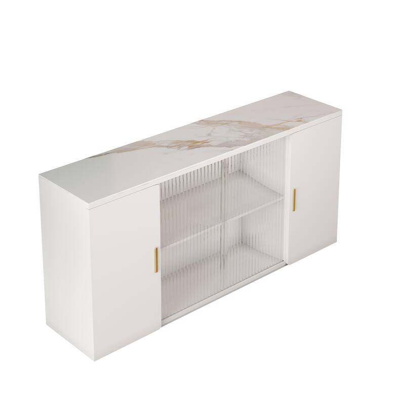 Wooden Sideboard Cabinet Buffet Cabinet with Glass Doors and Granite Top, Storage Cabinet with Dust-Free Display