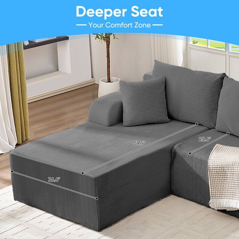 Mixoy 2-Pcs Free Combination Modular Sectional Sofas with Deep Seat,Corduroy L-Shaped Sofa with Chaise Lounge - 3-Seater