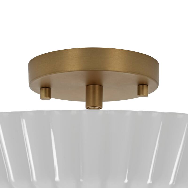 Mid-Century Scalloped Milky Glass Shallow Cone Semi Flush Light - 15.7 Inches