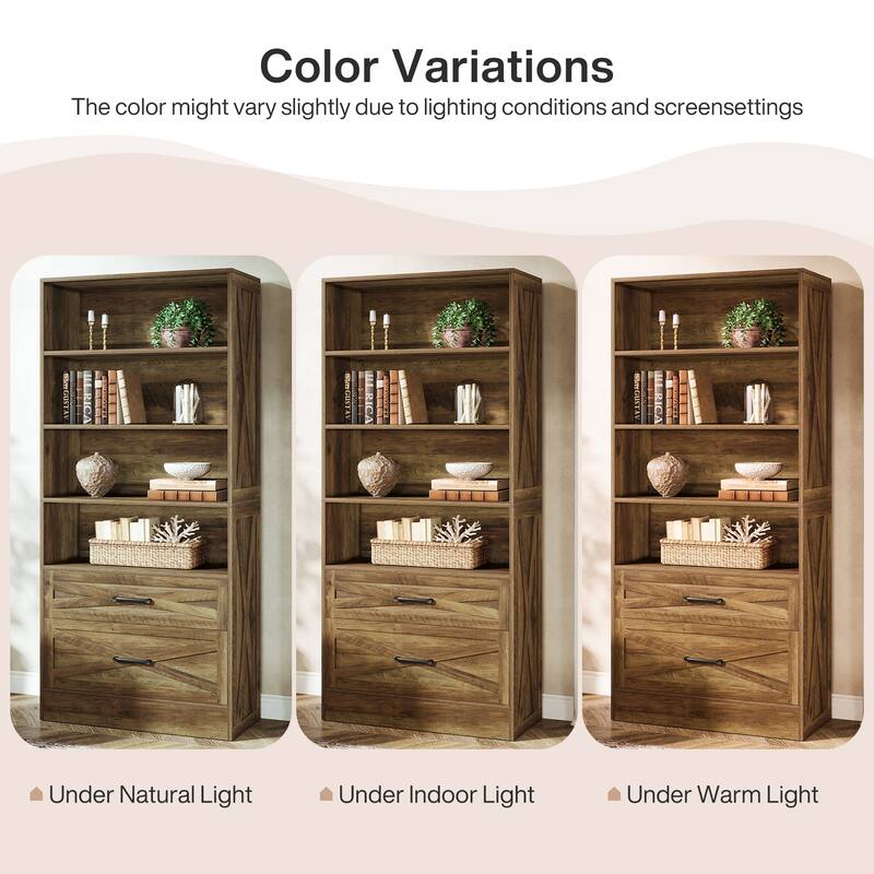 72" Tall Bookcase with Drawers, Rustic Wooden Bookshelf