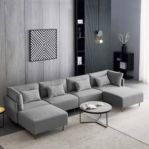 Linen Sectional Sofa, U-Shape-Gray