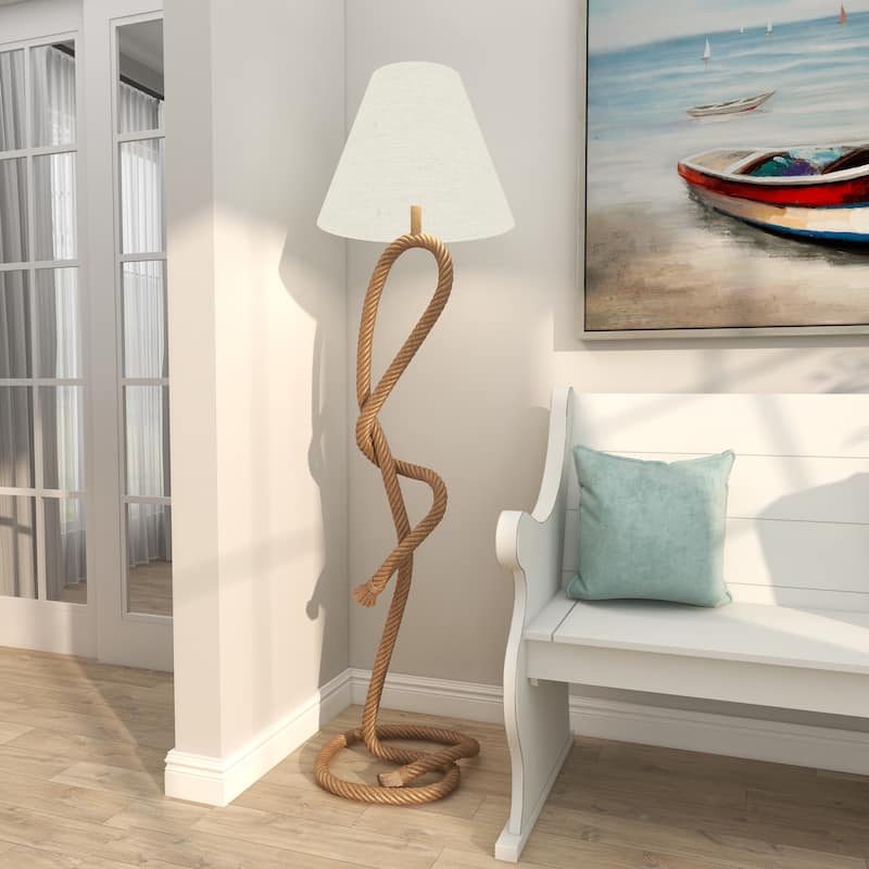Brown Jute Rope Twisted Rope Room Floor or Table Lamp with Cream Linen Shade