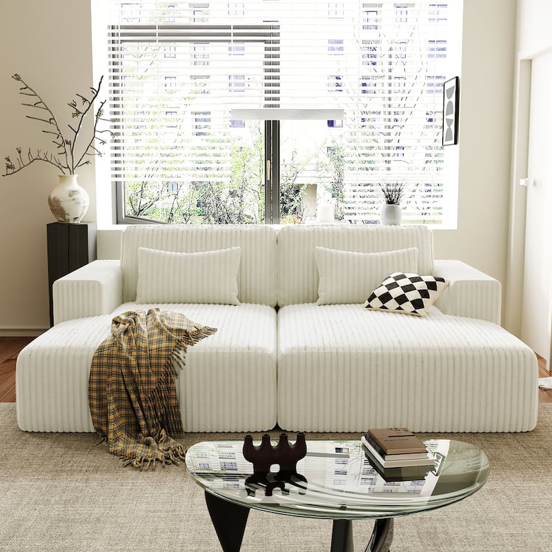 Corduroy Double Sofa Bed with 2 Pillows, Perfect for Living Rooms, Apartments, Offices - White