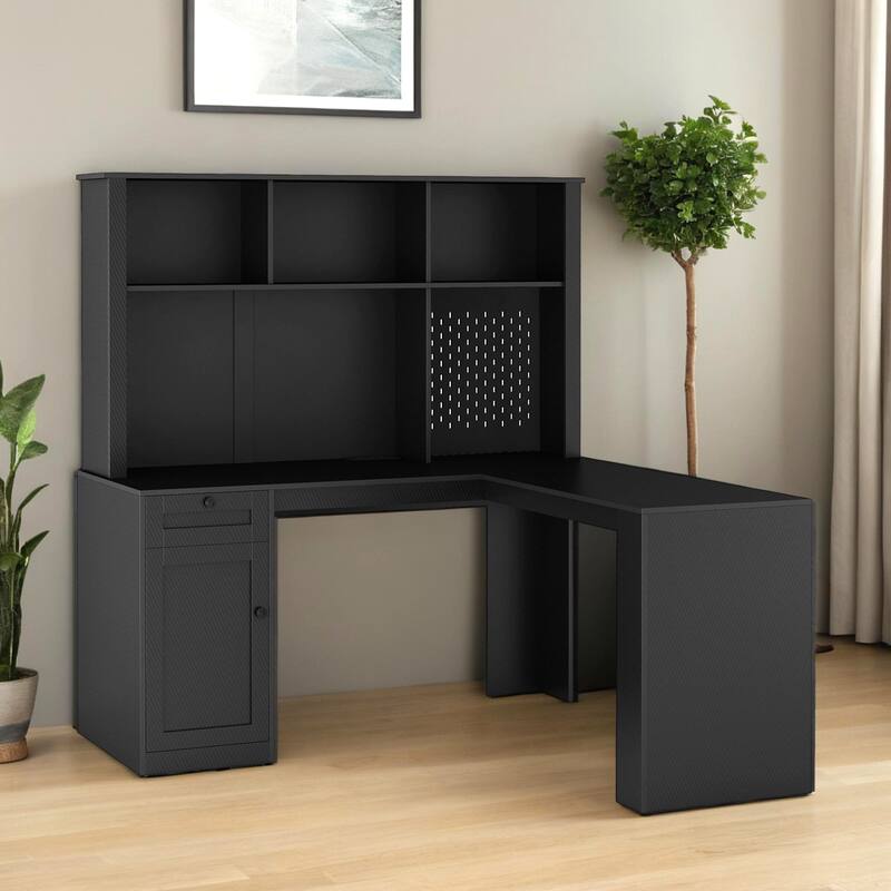 L Shaped Desk with Charger,Computer Desk with Drawers,Bookshelf & Hutchwith LED Light,Modern Corner Desk,Home Office Desk - Black