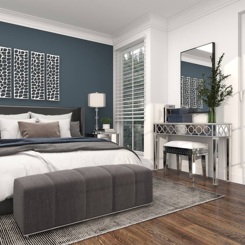 Silver Glass Mirrored Geometric Console Table with Circular Panel Inlay