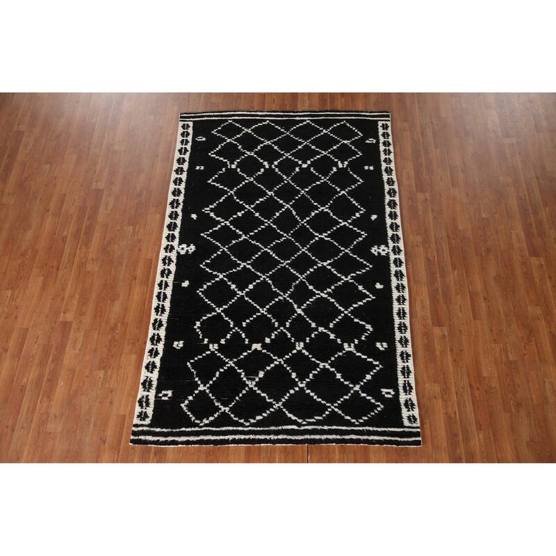 Black Plush Moroccan Indian Area Rug Hand-Knotted Wool Carpet - 5'2"x 8'1"