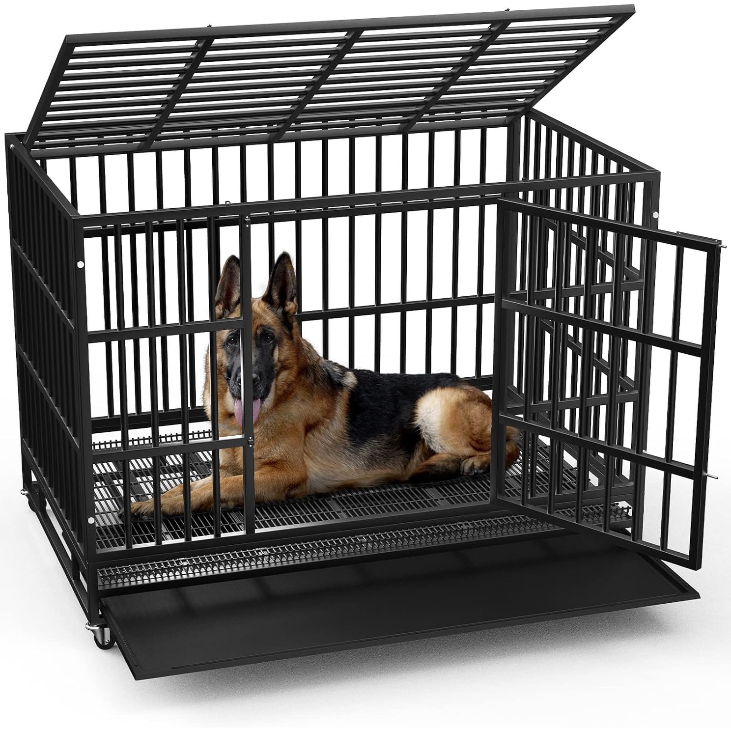 BOSSIN 48/38 inch Heavy Duty Indestructible Dog Crate, Escape Proof Dog Cage Kennel with Lockable Wheels