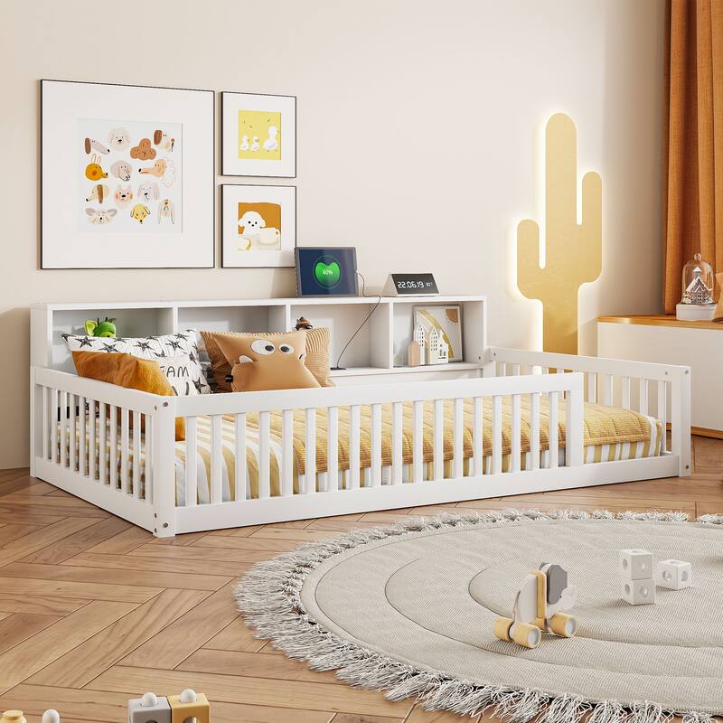 Twin XL Floor Bed with Storage Cabinets and USB Ports in White