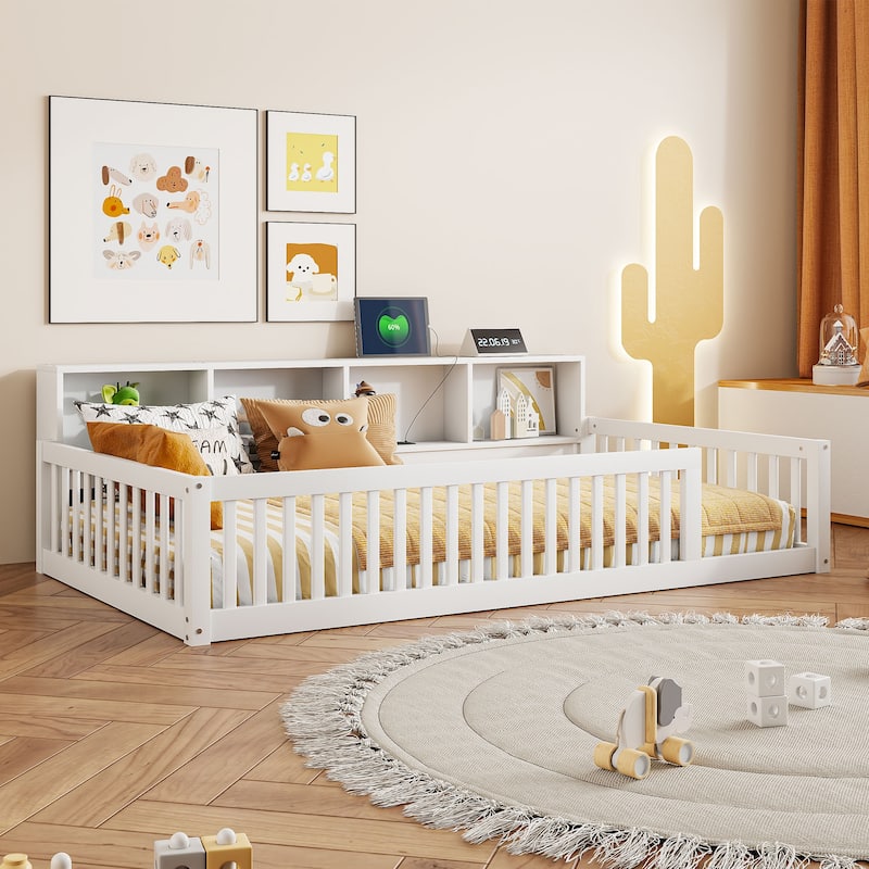 Wood Twin Xl Size Floor Bed With Storage Cabinets And Usb Ports