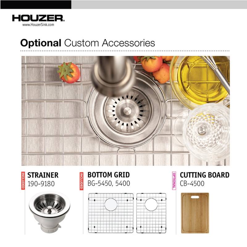 Houzer Epicure 33 inch Apron Front 60/40 Double Bowl Kitchen Sink, Small Right Bowl with Strainer & Grids