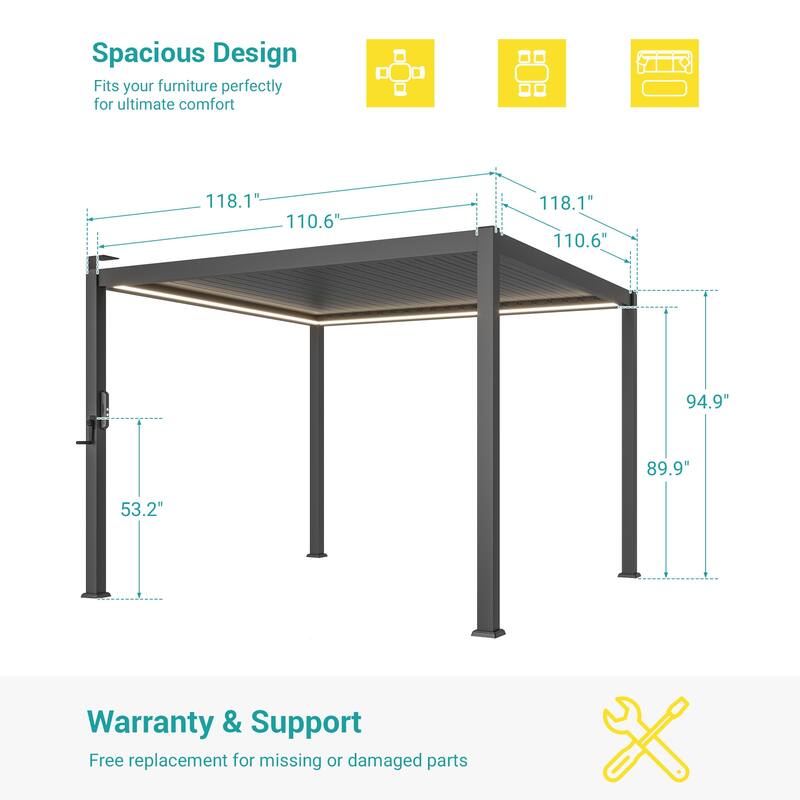 Outdoor Metal Solar LED Louvered Pergola with Adjustable Roof