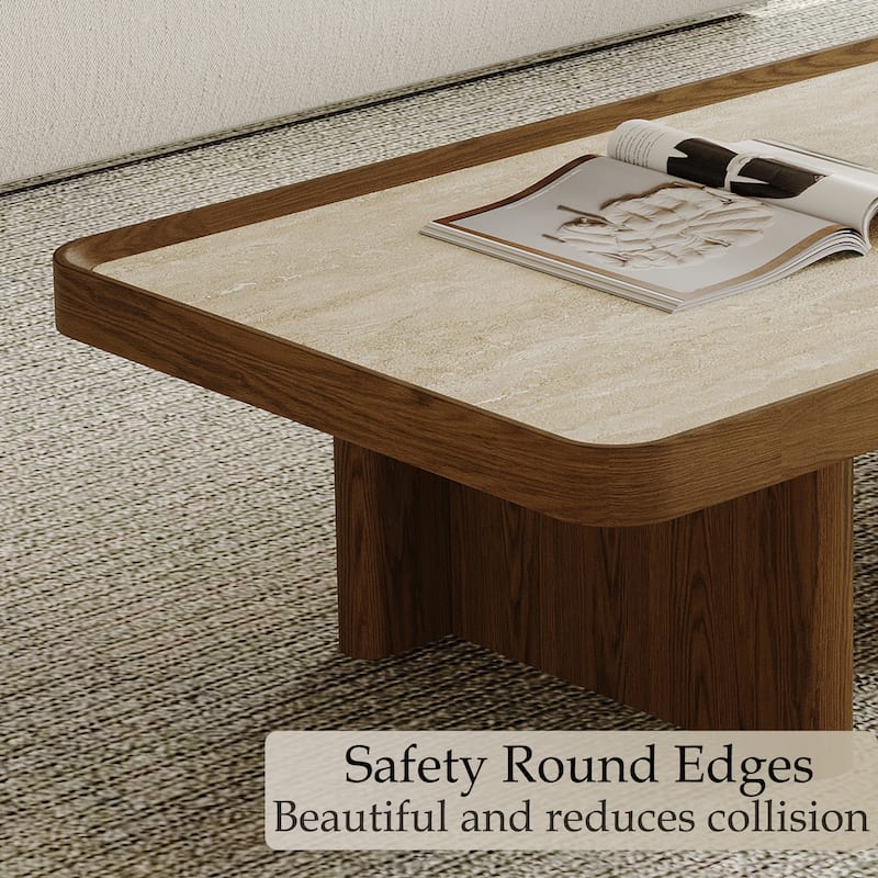 51.18" Mid Century Retangular Coffee Table, Beige Sintered Stone Table top, Solid Wood Legs