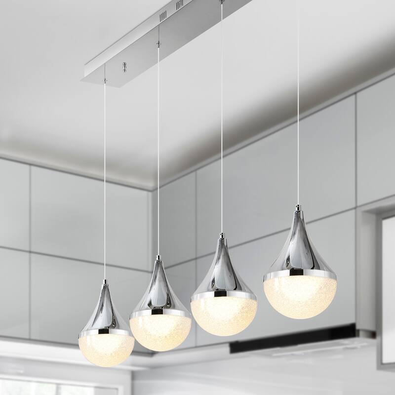 Mario Teardrop Modern Mid-Century Iron/Acrylic Integrated Linear LED Pendant, Chrome/White by JONATHAN Y