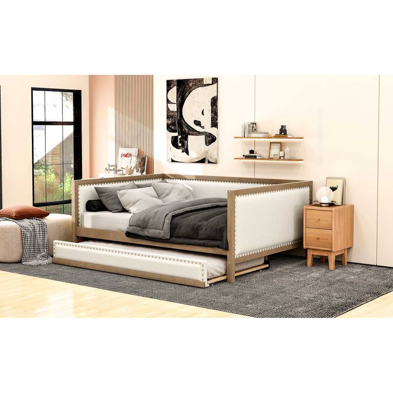 Full Size Upholstered Daybed with 2 Drawers or Trundle,Daybed Frame with Nailhead Decoration