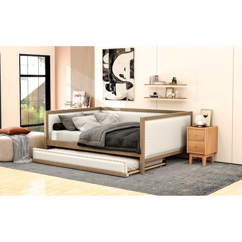 Wood Full Size Upholstered Daybed with Trundle and Nailhead Decoration for Bedroom