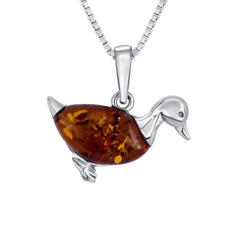 Baltic Amber Duck Pendant Necklace in Sterling Silver