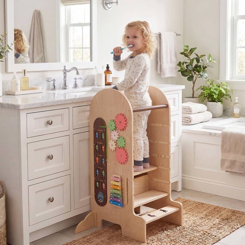 Gymax Toddler Step Stool Kids Kitchen Standing Tower w/ Adjustable - Natural