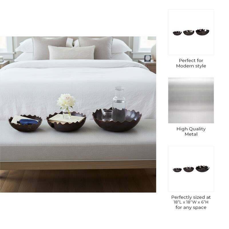 Scalloped Edge Decorative Bowl with Contours - Set of 3 - 18", Black - 18.0"