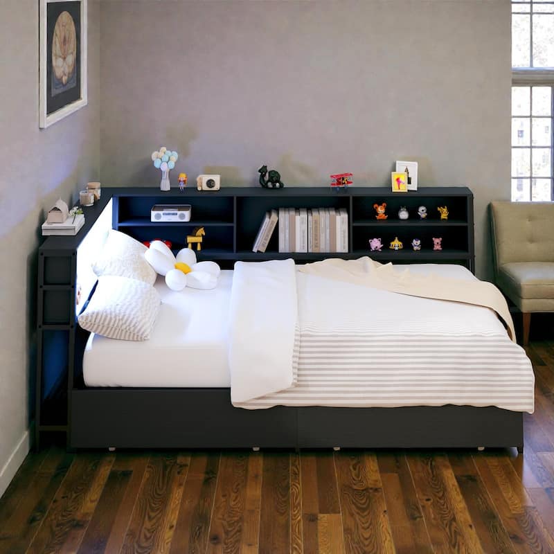 Corner Daybed with Storage Drawers and Bookcase Headboard, LED Light, USB Charging Station, No Box Spring Needed