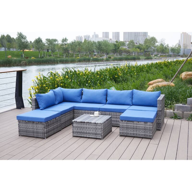 8 Pcs Patio Sectional Sofa Set, All-Weather Outdoor PE Rattan Wicker Conversation Furniture Set with Cushions and Tea Table