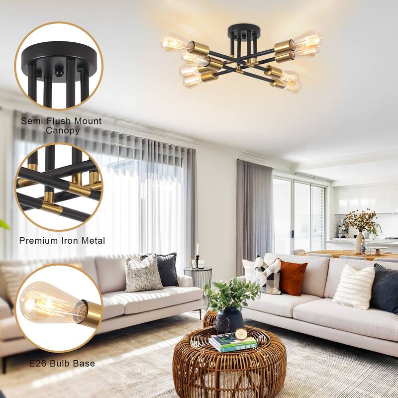 8-Light Industrial Semi Flush Mount Ceiling Light for Kitchen Dining Room Living Room - Black+Gold - N/A