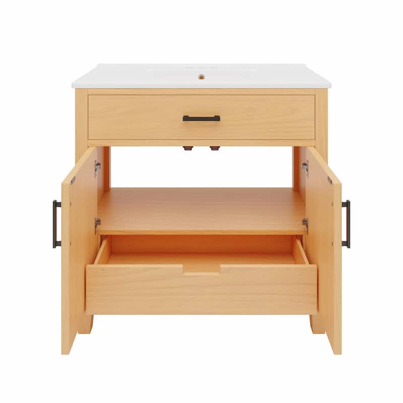 36" Rattan Bathroom Vanity with Ceramic Sink, Modern Bathroom Sink Cabinet with 2 Soft Close Doors and 3 Drawers