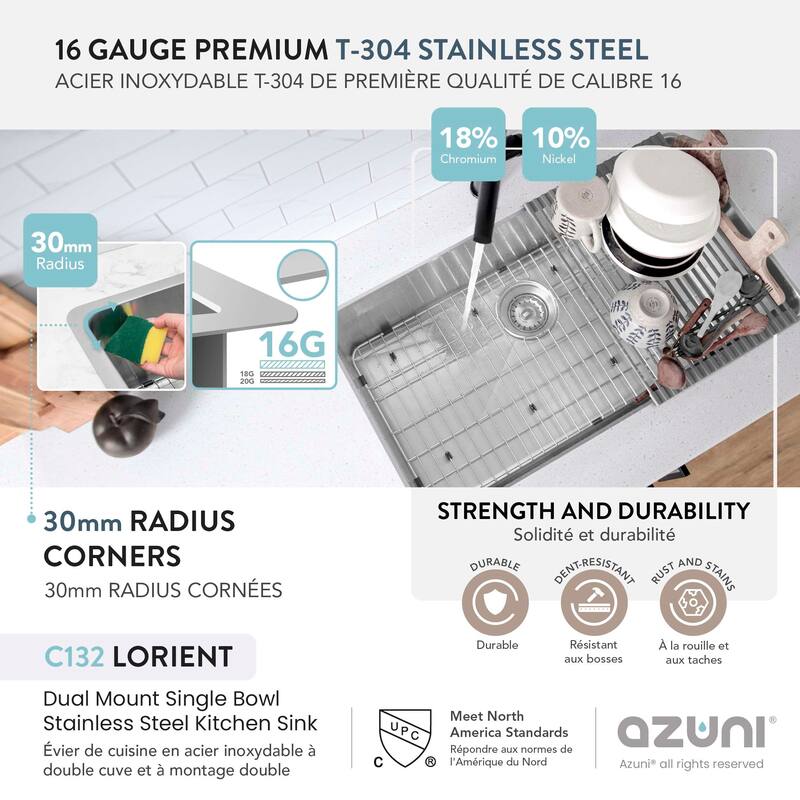 AZUNI Dual Mount 32" Single-Bowl Stainless Steel Kitchen Sink C132 - 32" x 18" x 9"