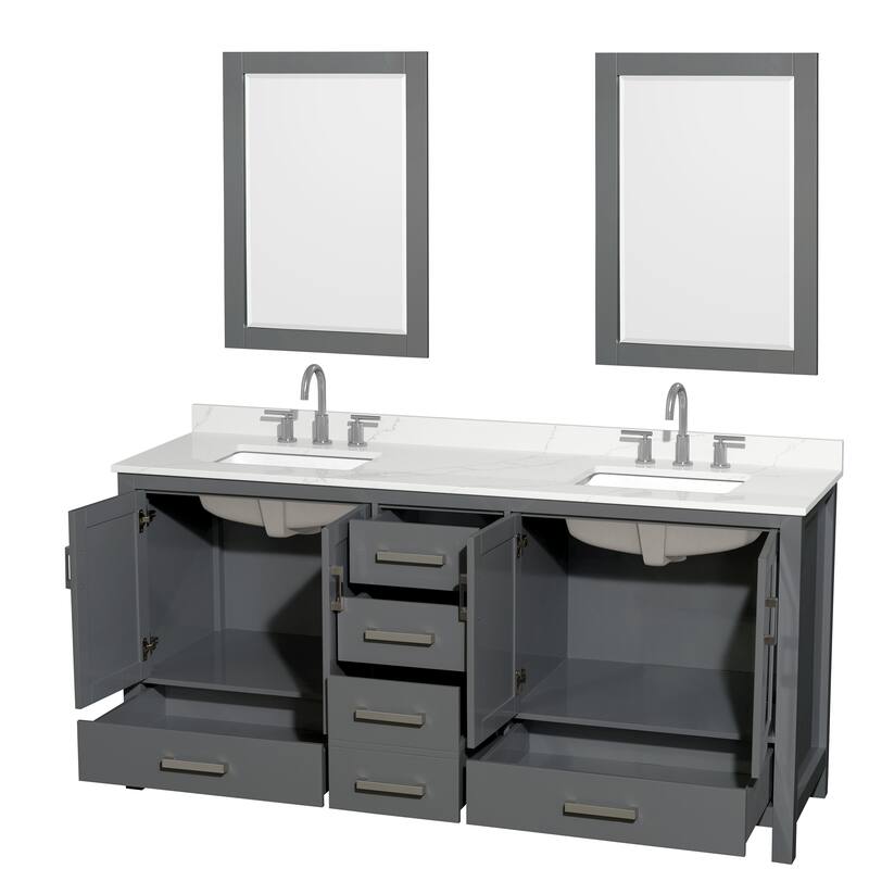Sheffield 72-inch Double Vanity, 3 Hole Quartz Top, 24-inch Mirrors
