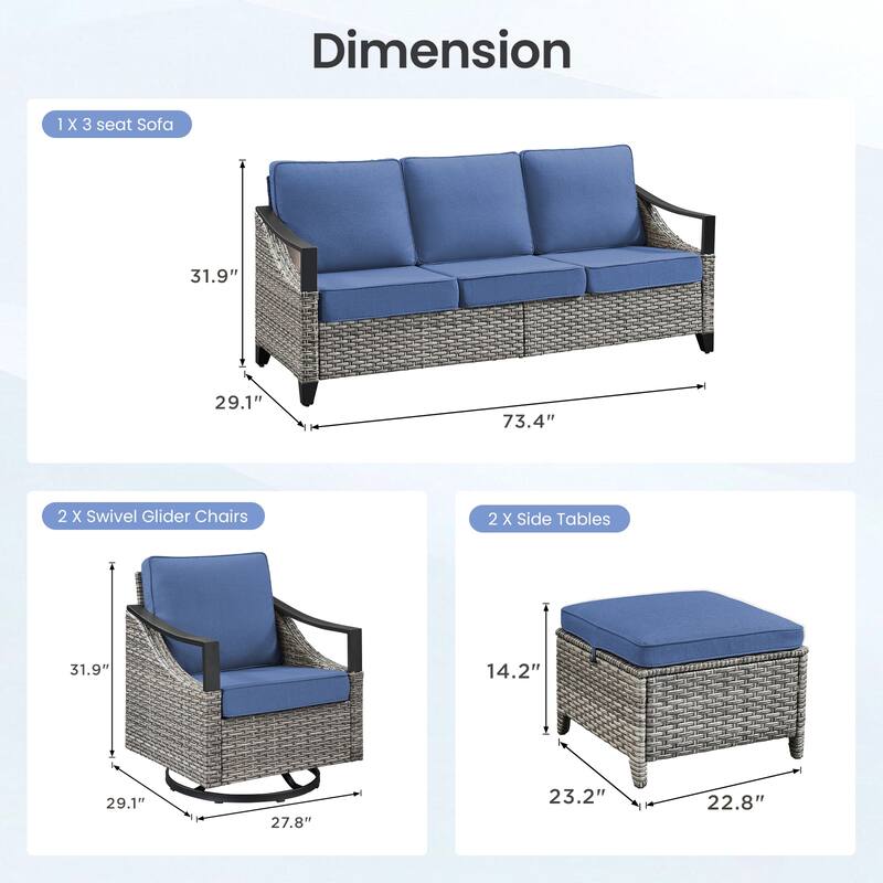 Pocassy 4-Piece Outdoor Patio Sofa Swivel Glider Chairs with Ottoman