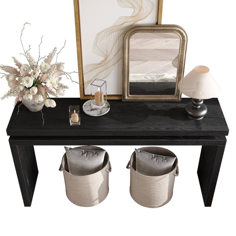 60'' Black Farmhouse Console Table - Retro Wooden Entryway Table with Double Board Suspension Design, Solid Wood & MDF