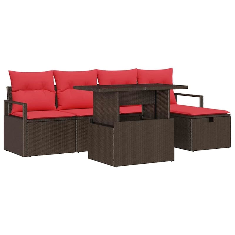 vidaXL 6 Garden Sofa Set with Cushions Black/Brown/Grey Poly Rattan - 90.6 x 46.1 x 27.2