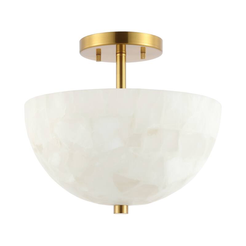 Jules 11.88" 2-Light Modern Alabaster/Iron Inverted Dome LED Semi Flush Mount, White Marbling/Brass Gold by JONATHAN Y