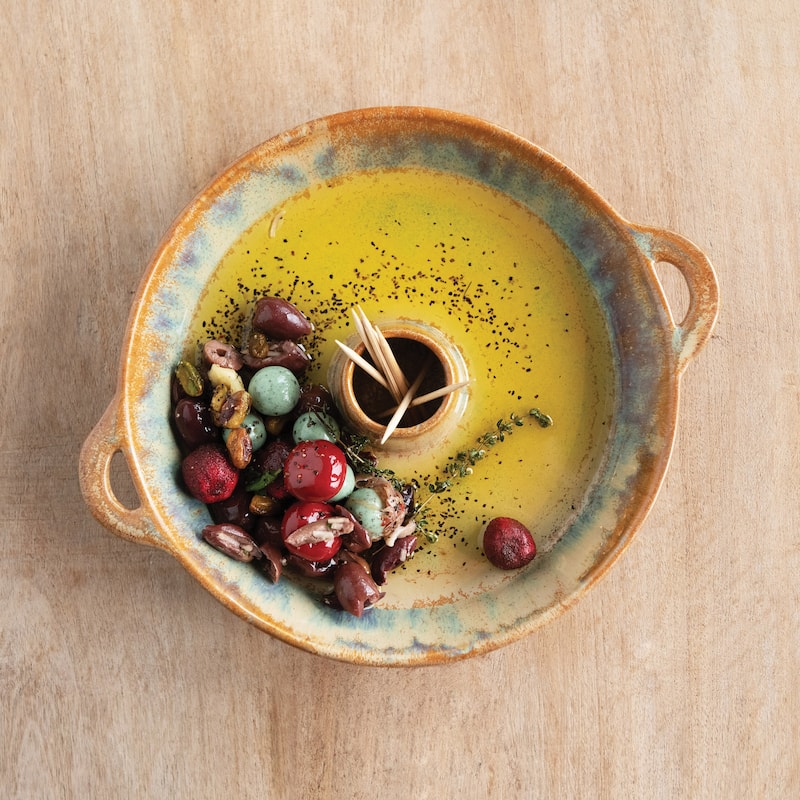 Stoneware Dish with Toothpick Holder, Reactive Glaze, Brown (Each One Will Vary)