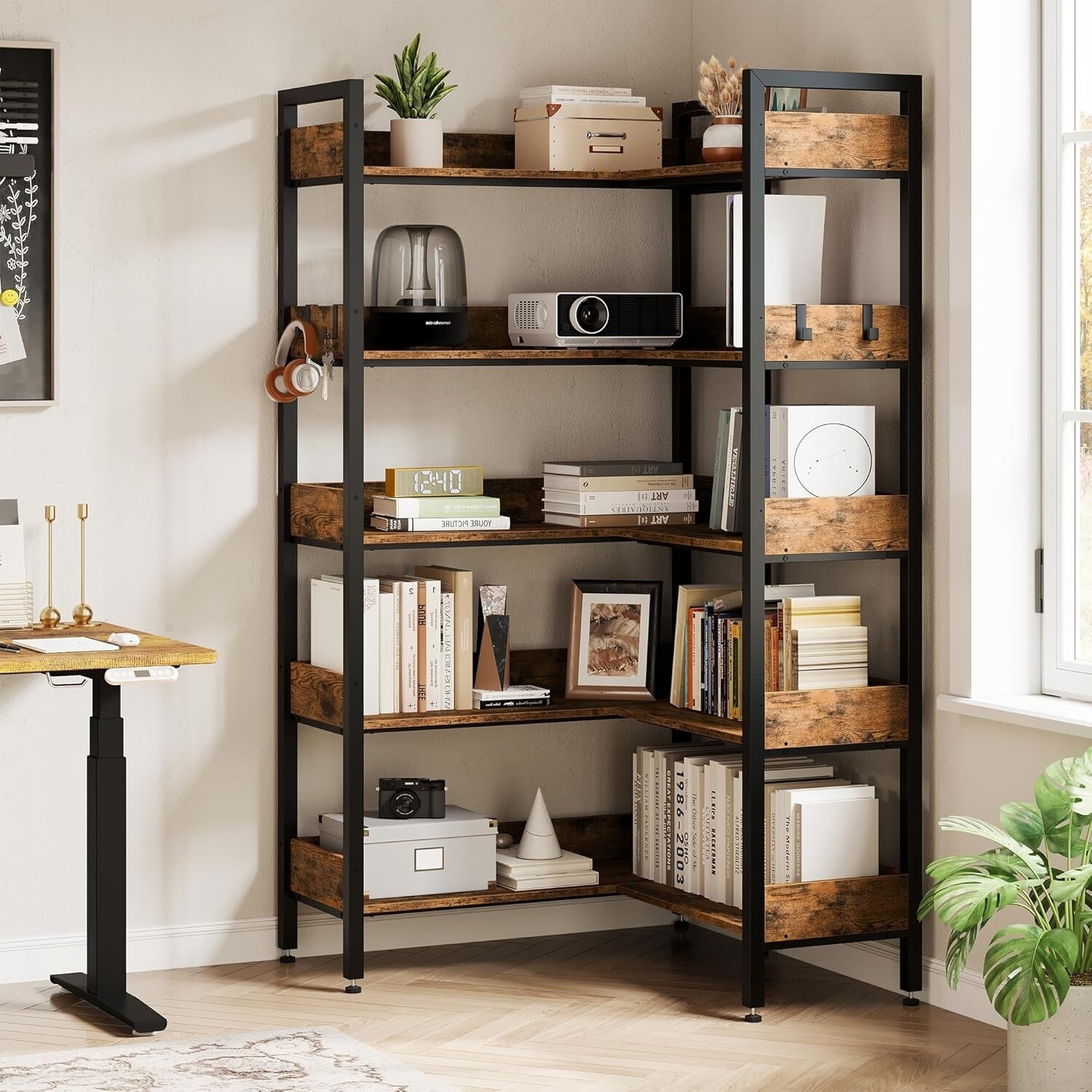 5-Tier Corner Convertible Bookshelf, Industrial Bookcase for