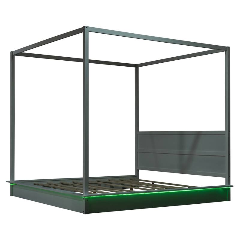 Wooden Canopy Bed with Brushed-effect Finish Master Bedroom Bed White Canopy Bed LED Platform Bed with Top Canopy Rails