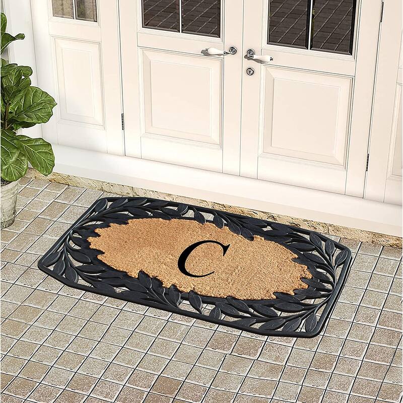 A1HC Rubber and Coir Stylish Leaf Border Large Outdoor Durable Monogrammed Doormat, Black - 23" X 38"
