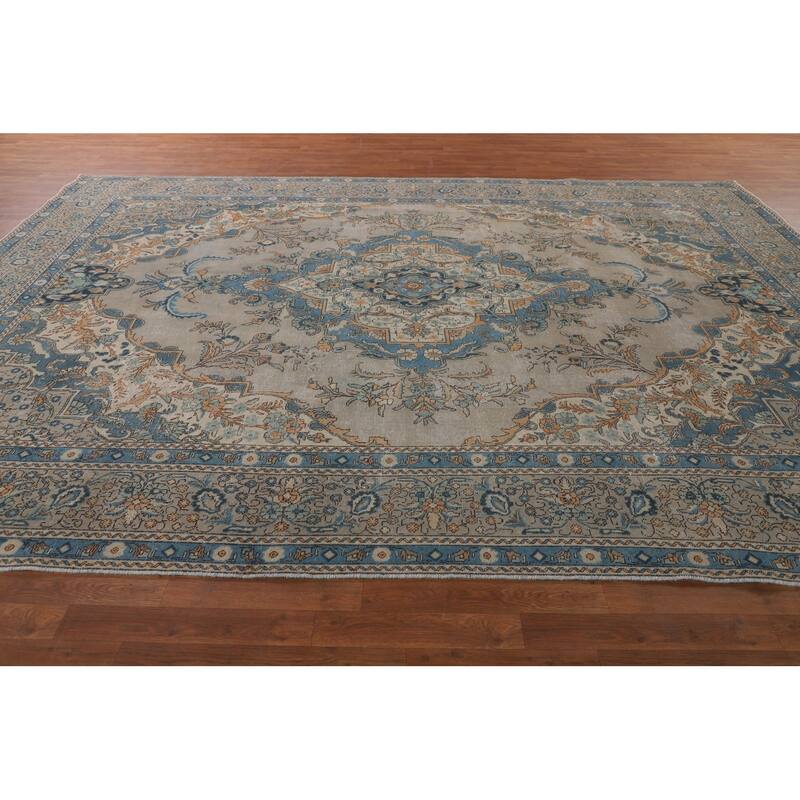 Distressed Tabriz Vintage Persian Area Rug Handmade Wool Carpet - 9'3" x 12'10"