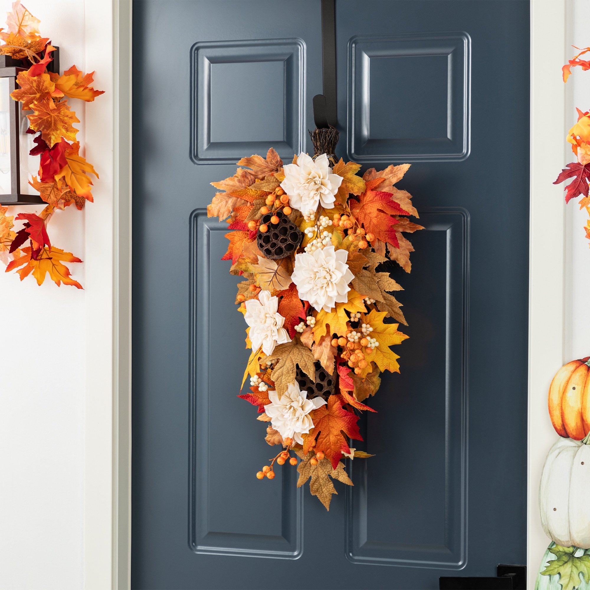 Glitzhome Fall Thanksgiving Dahlia Lotus Pod Berry Floral Teardrop Wreath