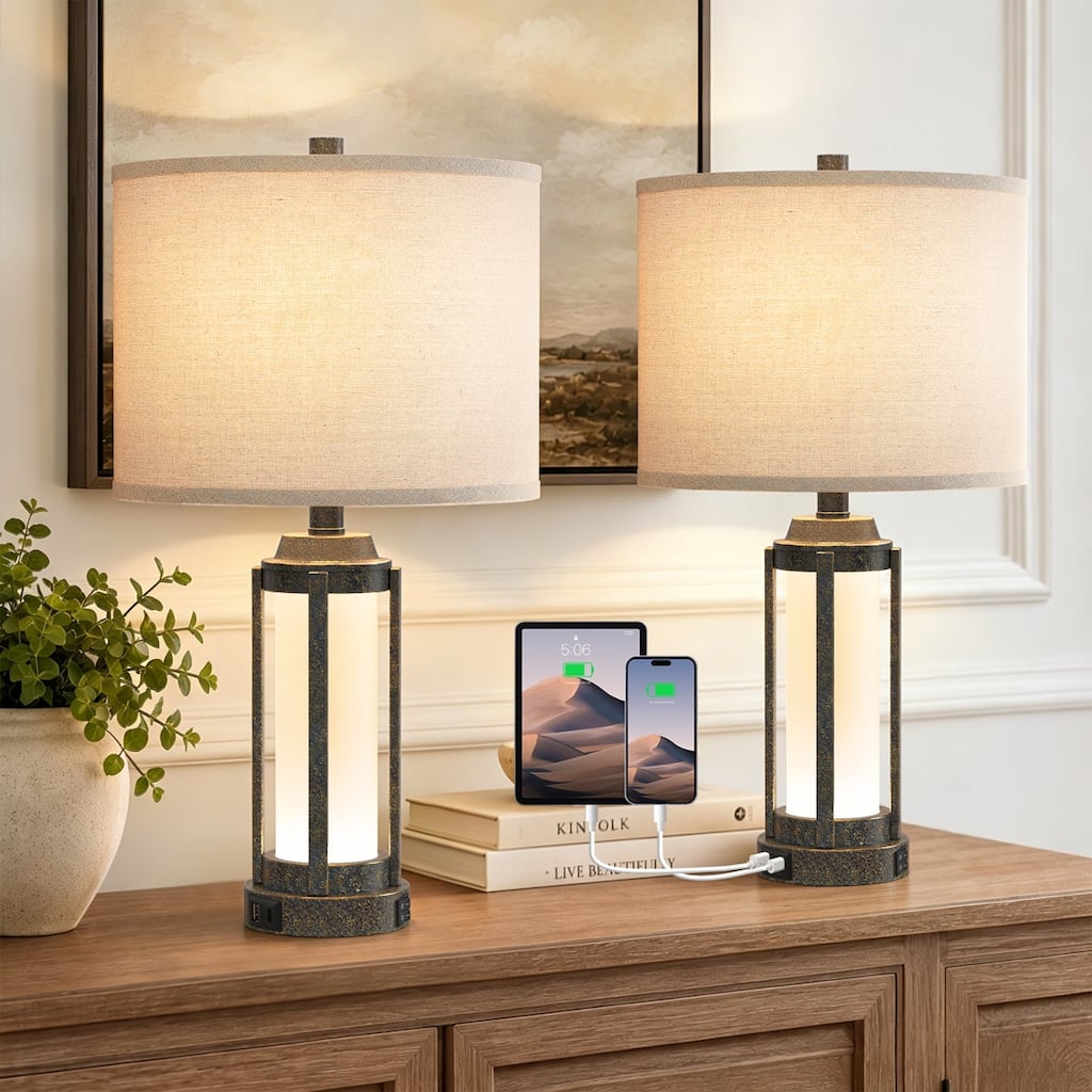 Maxax 24" Farmhouse Metal & Glass Table Lamp with Night Light and USB Type-C Ports (Set of 2)